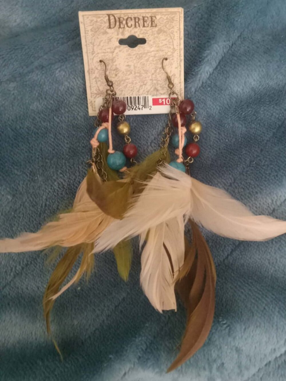 NEW Decree hook dangle earrings, green/tan/brown feathers, brown/blue/gold beads